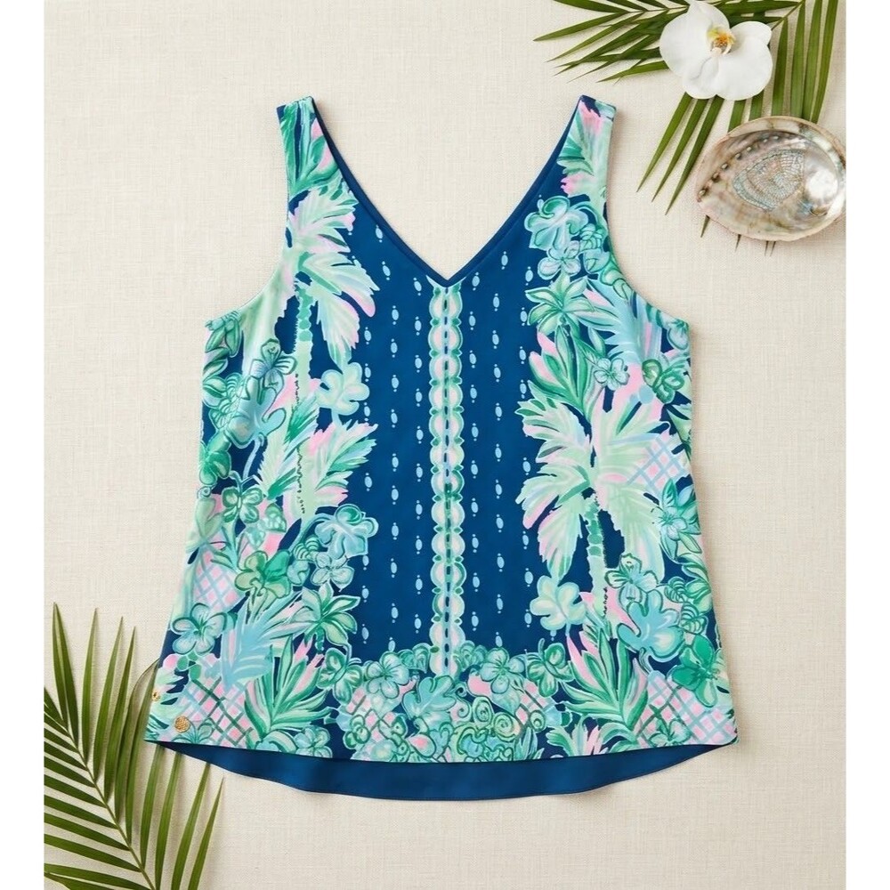 Lilly Pulitzer Florin Reversible Tank Top Large Tropical Palm Green Navy V Neck